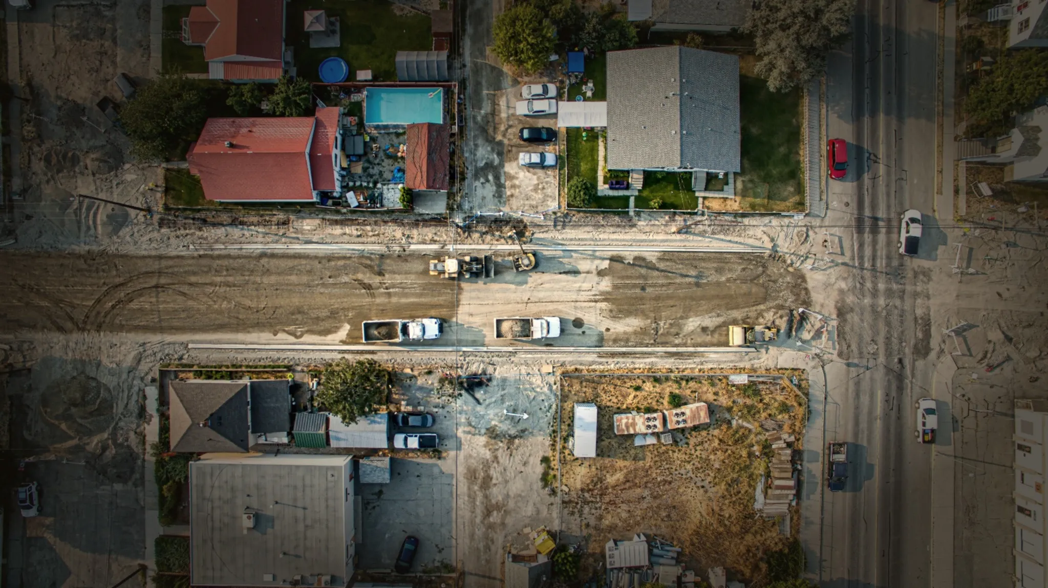 Aerial view of the 4th Street corridor rebuild through a residential block